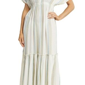 Elan Ruffle Cover-Up Maxi Dress - White/ Aqua Stripe